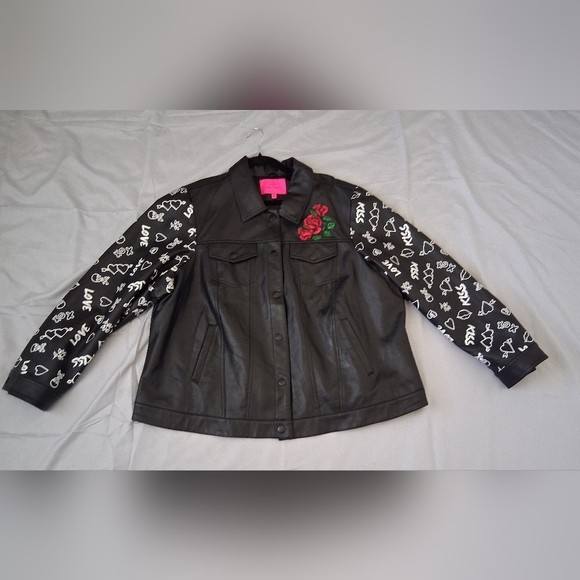 Black Leather Jacket with Rose Embroidery - Picture 1 of 7